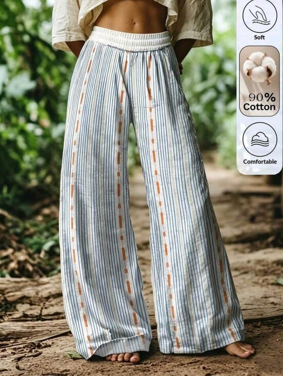 Pants - Cotton Women Casual Boho Holiday Printed Striped Long Pants Holiday Vacation